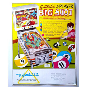 Big Shot Pinball Flyer Original Game Art Retro Flipper Game Billiards Pool 1974